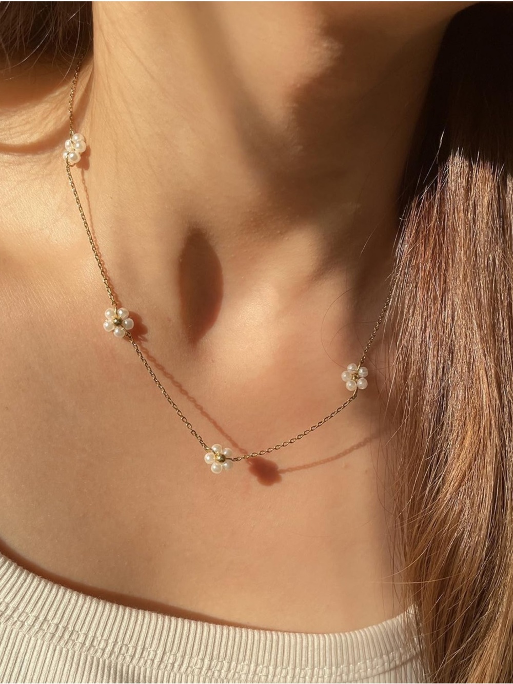 Anthropologie Gold Chain Necklace with Pearl Flower Stations - Picture 2 of 5